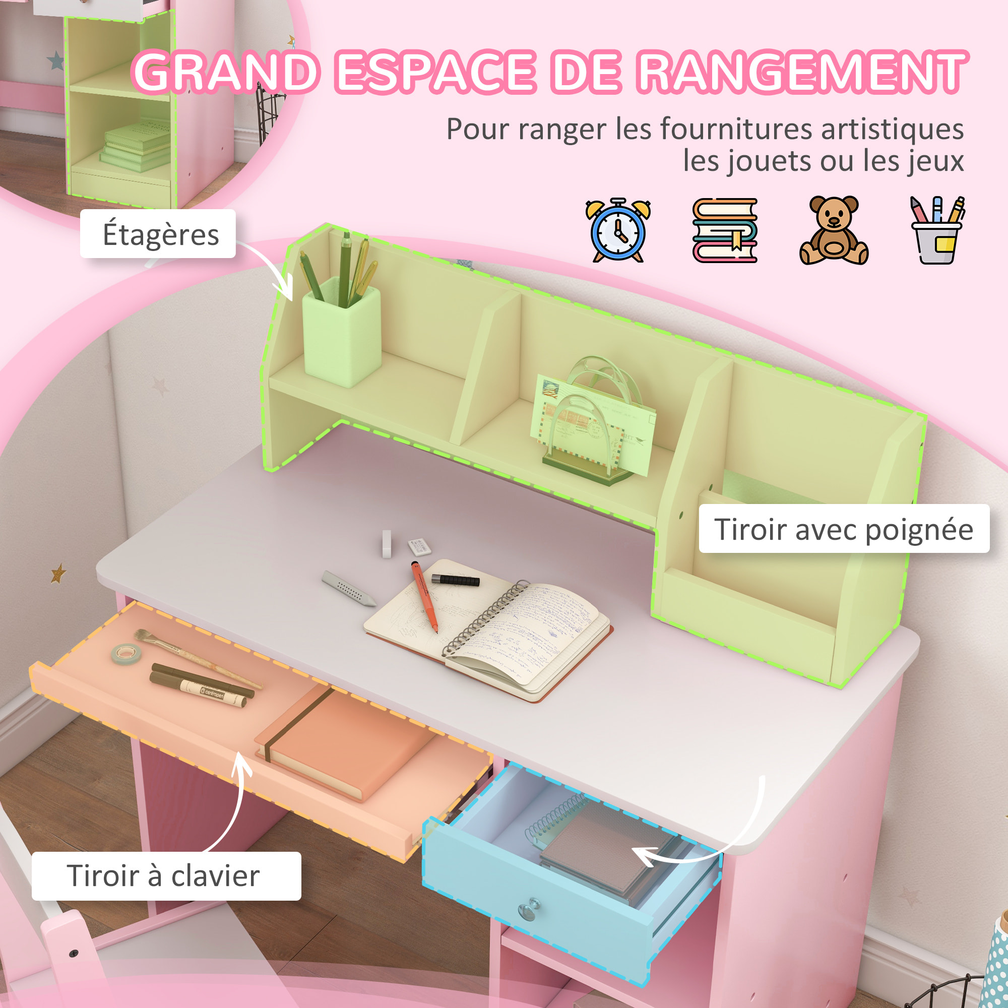 Bureau enfant multi-rangement - ensemble bureau, chaise, étagère - tiroir, plateau coulissant, 2 niches, 2 étagères, 2 présentoirs livres - rose