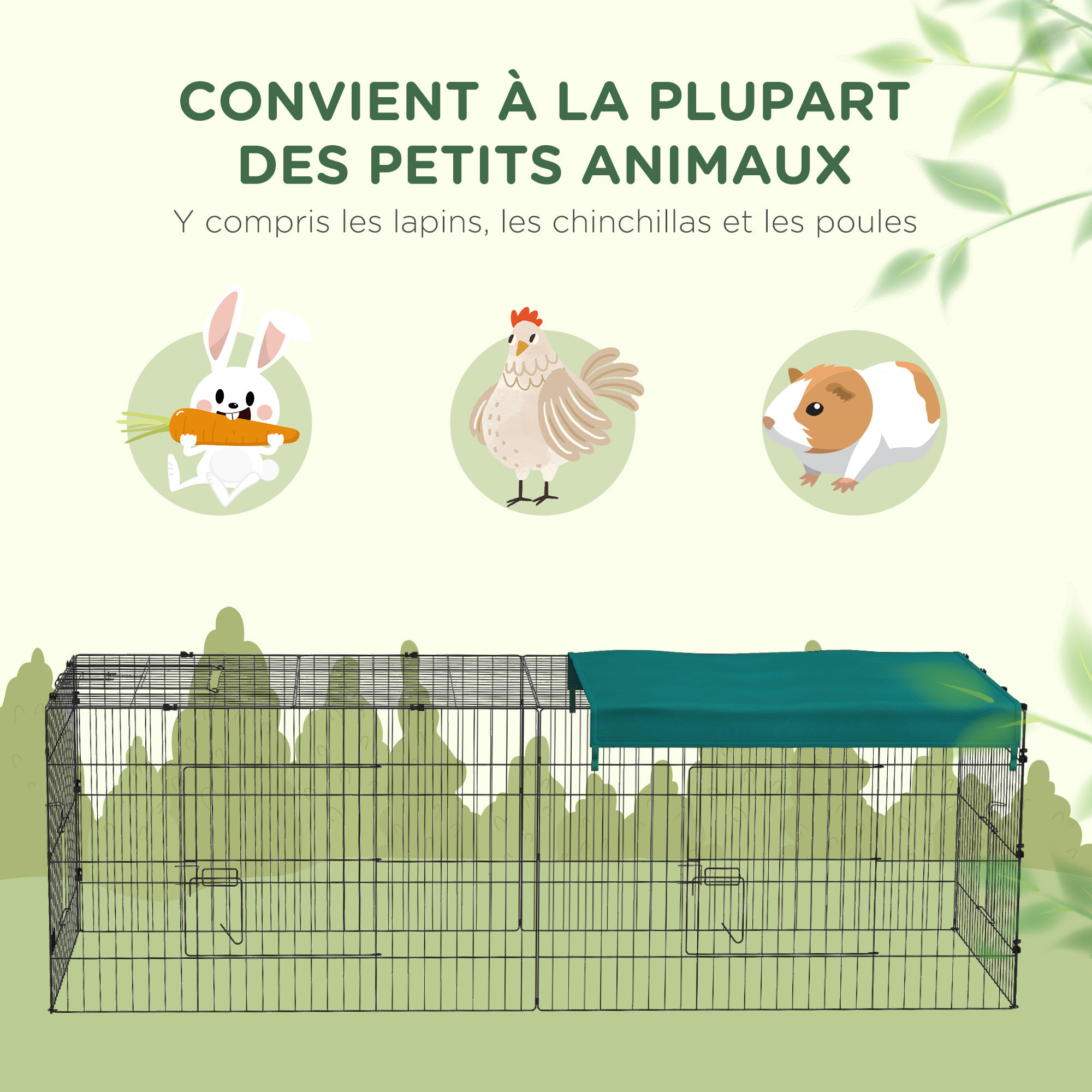 Parc enclos petits animaux - 2 portes, 3 trappes nourrissages, zone couverte - acier noir polyester vert