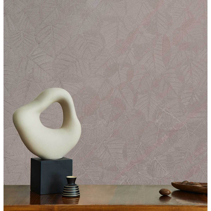 Papier peint feuillage texturé rose grisé