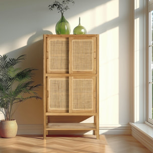 AMY - Vaisselier 2 étagères 2 portes coulissantes mindi / rotin naturel AMY