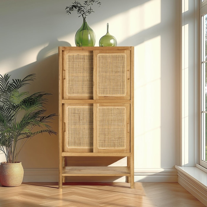 AMY - Vaisselier 2 étagères 2 portes coulissantes mindi / rotin naturel AMY