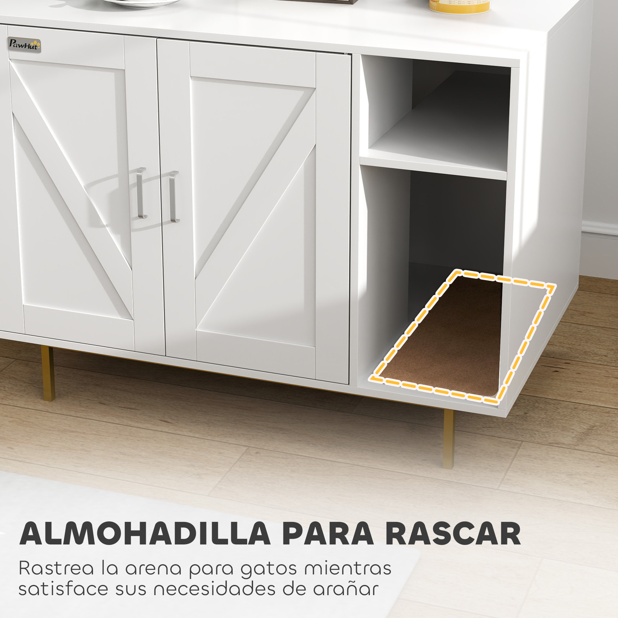 Mueble Arenero para Gatos Caja de Arena para Gatos con Almohadilla para Rascar y Compartimento de Almacenaje Arenero para Gatos para Salón Dormitorio 80x50x61 cm Blanco