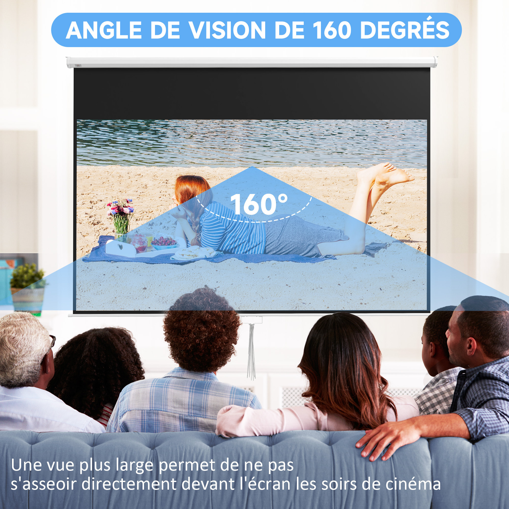 Écran de projection home-cinéma TV format 16:9 120 pouces 4K HD métal PVC blanc