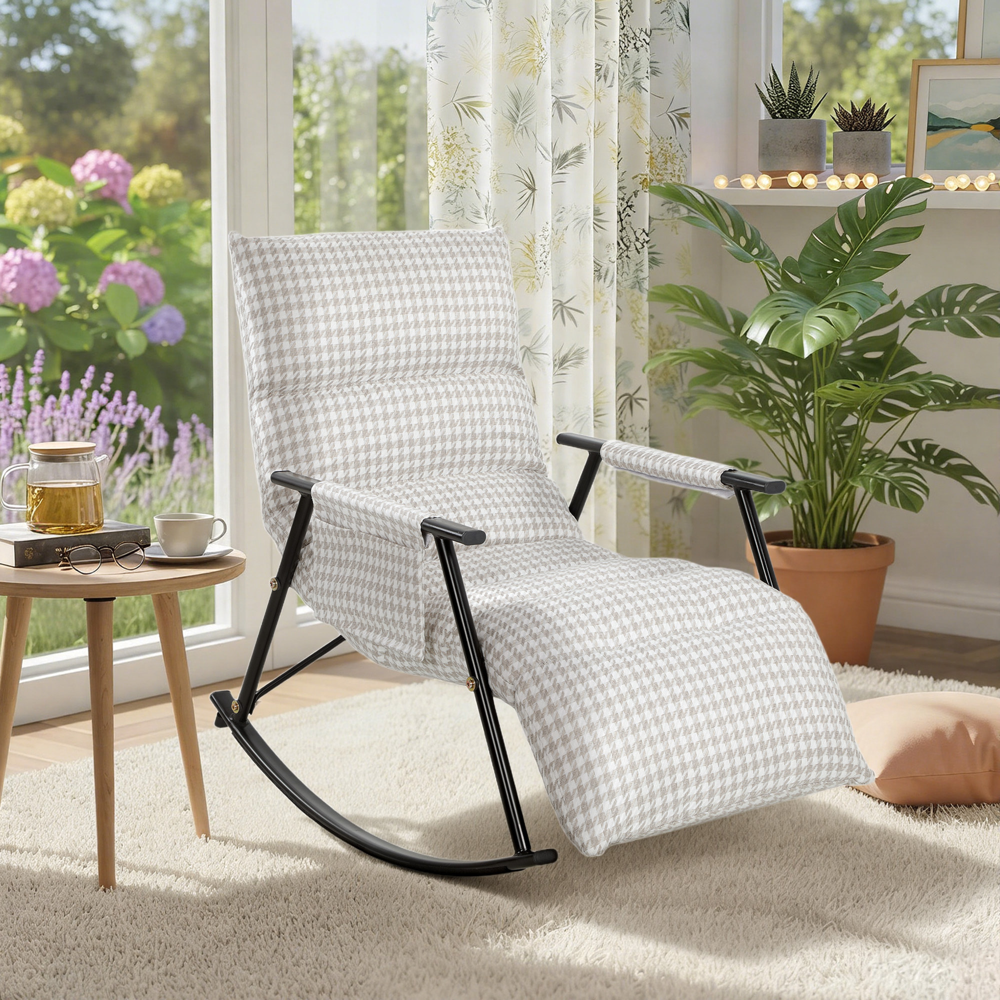 Silla Mecedora con Respaldo y Reposapiés Ajustables, Mecedora Sillón Balancín 105°, Tapizada en Lino, con Bolsillo Lateral y Marco de Metal, Carga 120 kg, para Dormitorio, Salón, Gris y Blanco