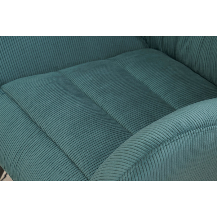 Fauteuil et repose-pieds design en tissu velours côtelé vert et métal noir ZOE