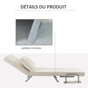 Fauteuil chauffeuse canapé-lit convertible 1 place déhoussable grand confort coussin pieds accoudoirs métal suède crème