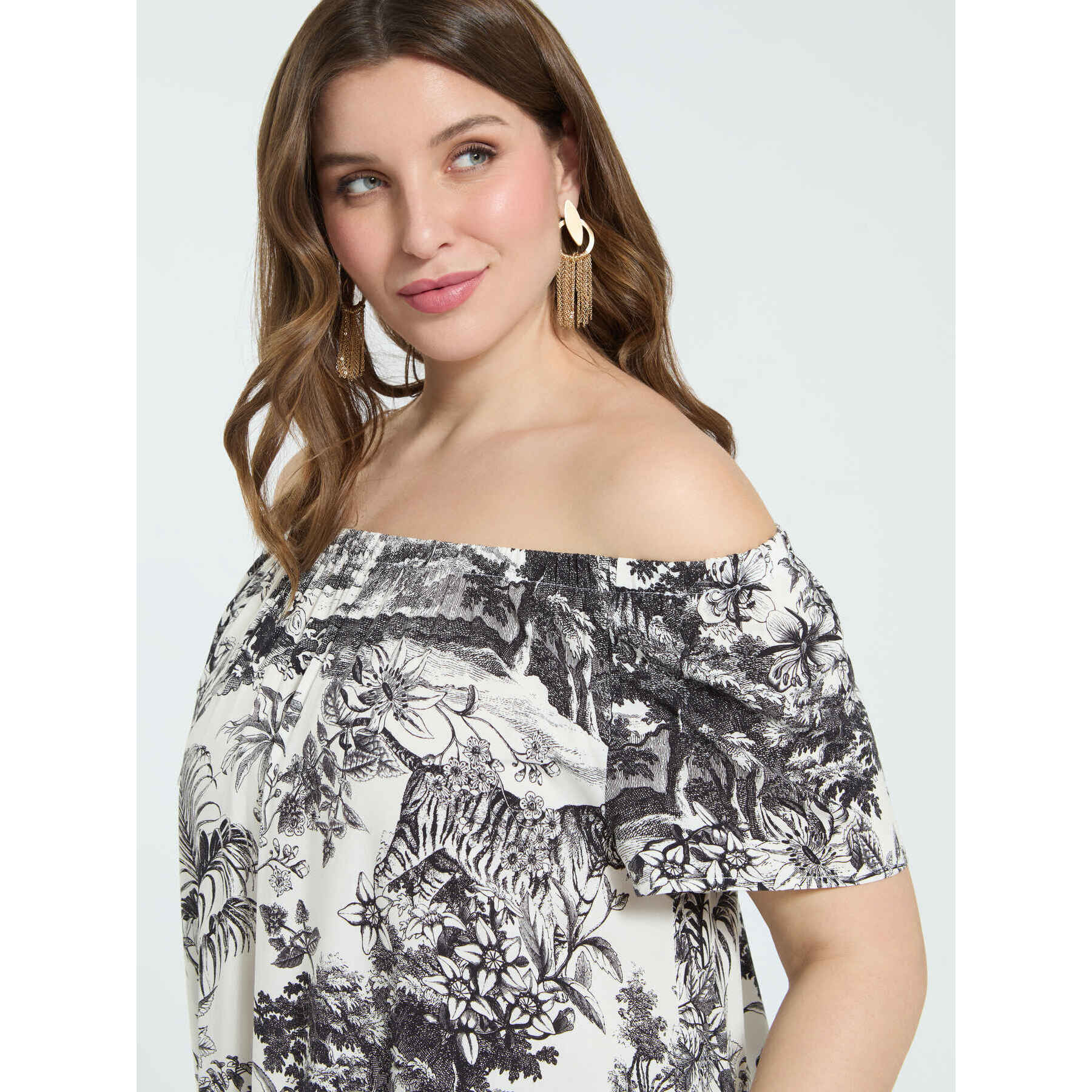 Fiorella Rubino - Vestido off-shoulder con estampado exótico - Negro