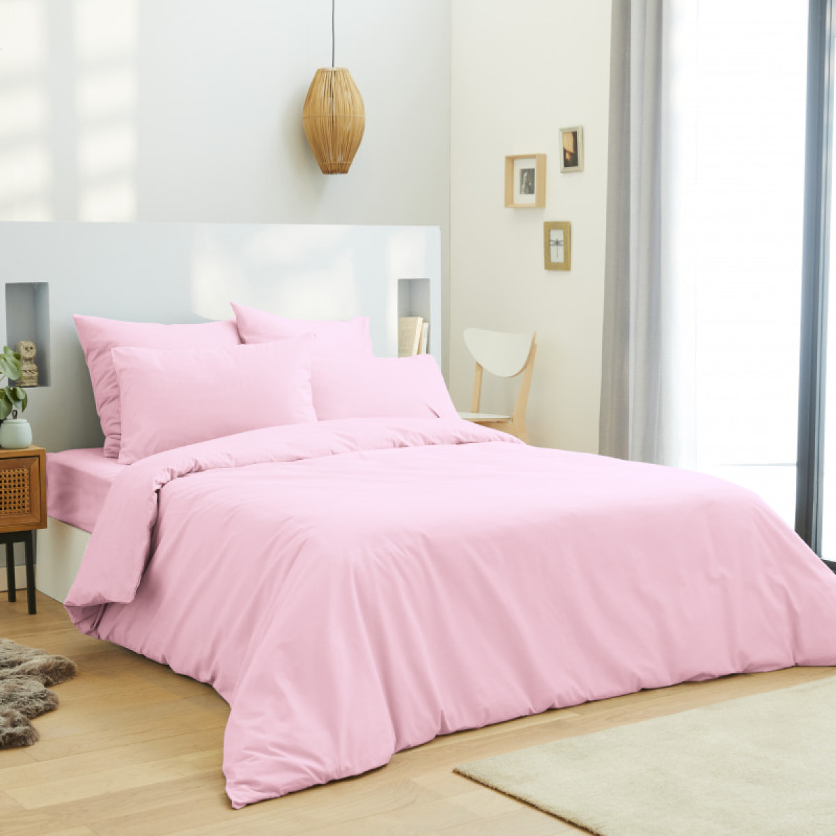 Housse de couette unie rose pétale 100% Coton / 57 Fils/cm²