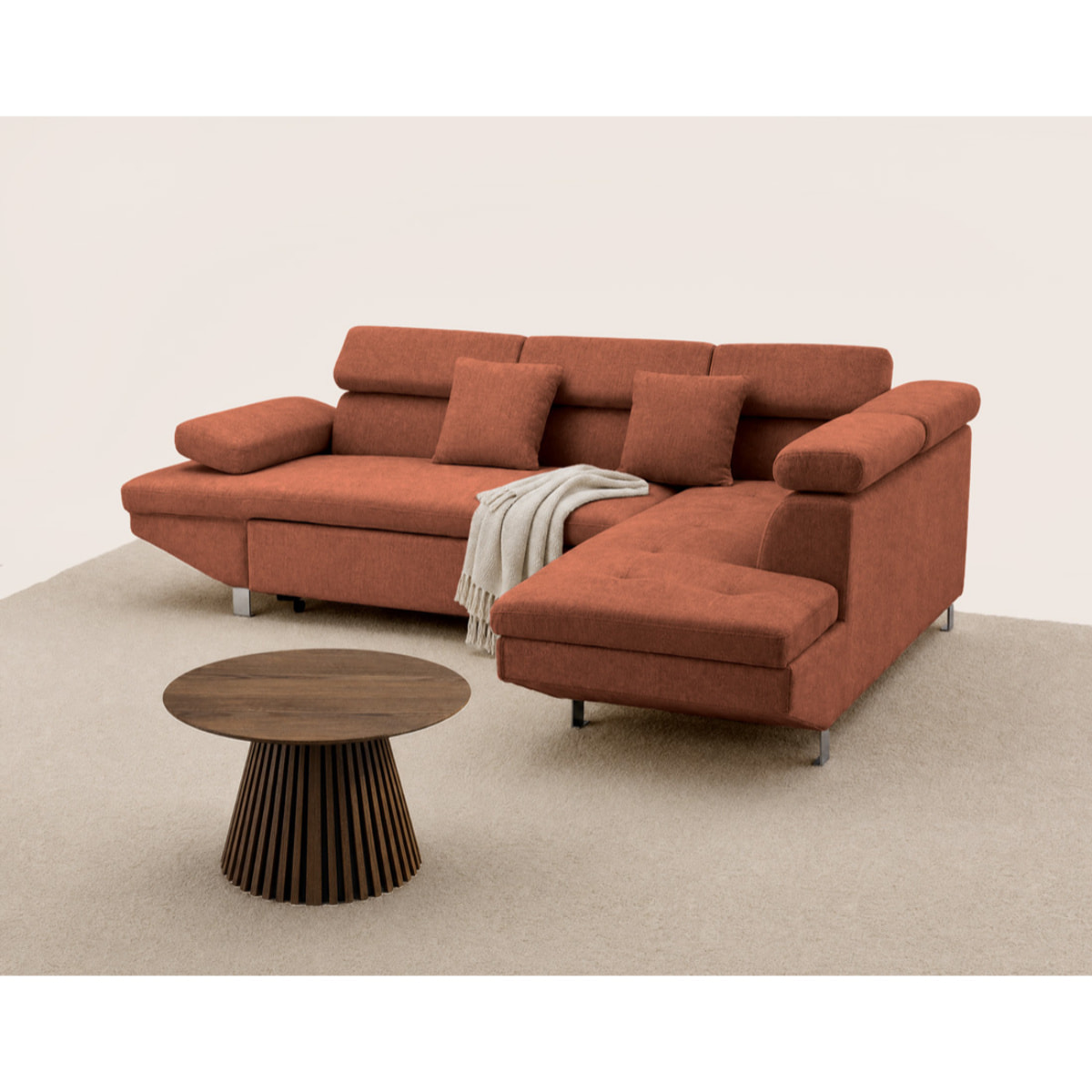 Margaux - Canapé d'angle droit 5 places convertible avec coffre et têtières réglables en velours texturé - Terracotta