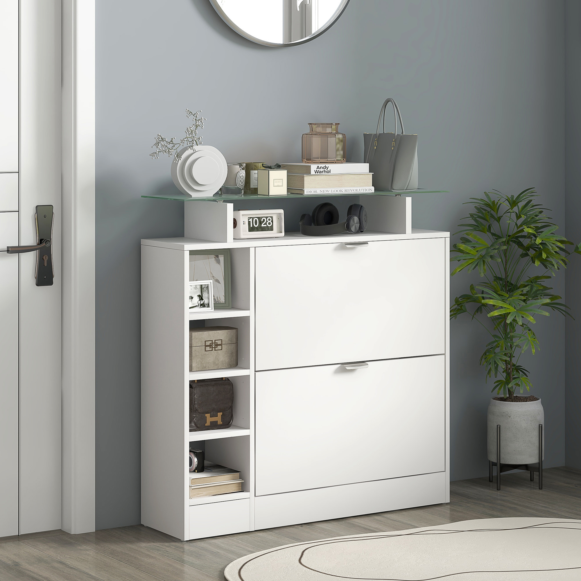 Zapatero Moderno Zapatero de Entrada Recibidor con Cajones Abatibles Estantes Ajustables y Estantes Abiertos para 12 Pares de Zapatos Zapatero Estrecho para Pasillo 89x25x92 cm Blanco