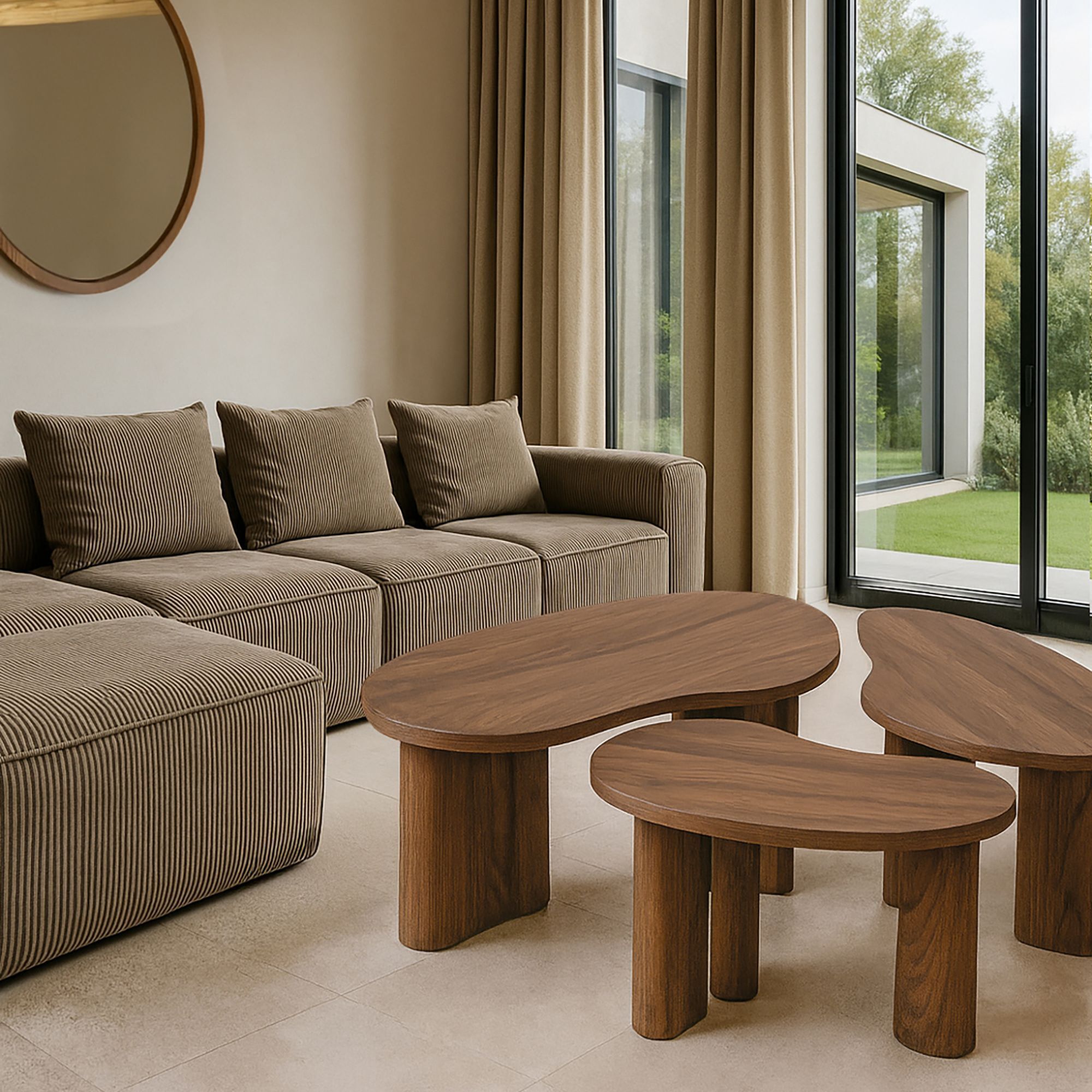 Lot de 3 tables basses aux formes organiques effet bois de noyer CHARLIE