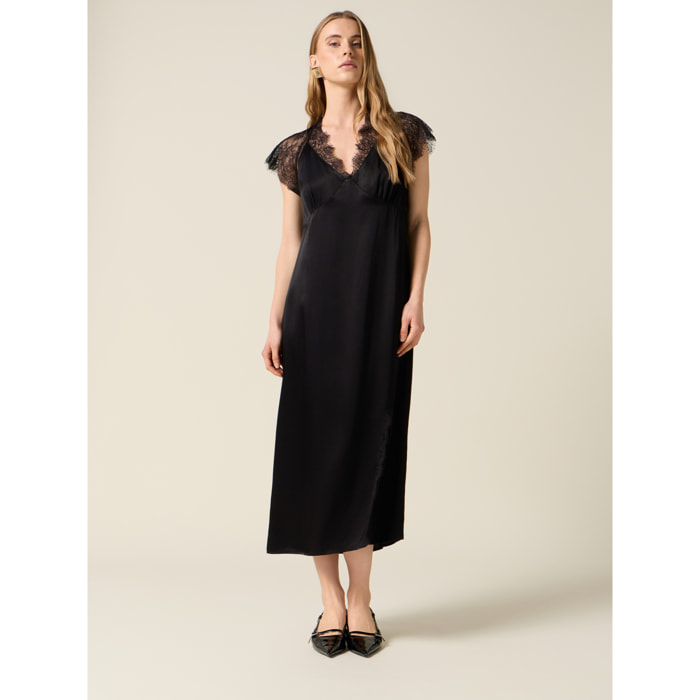 Oltre - Vestido midi de raso con encaje - Negro