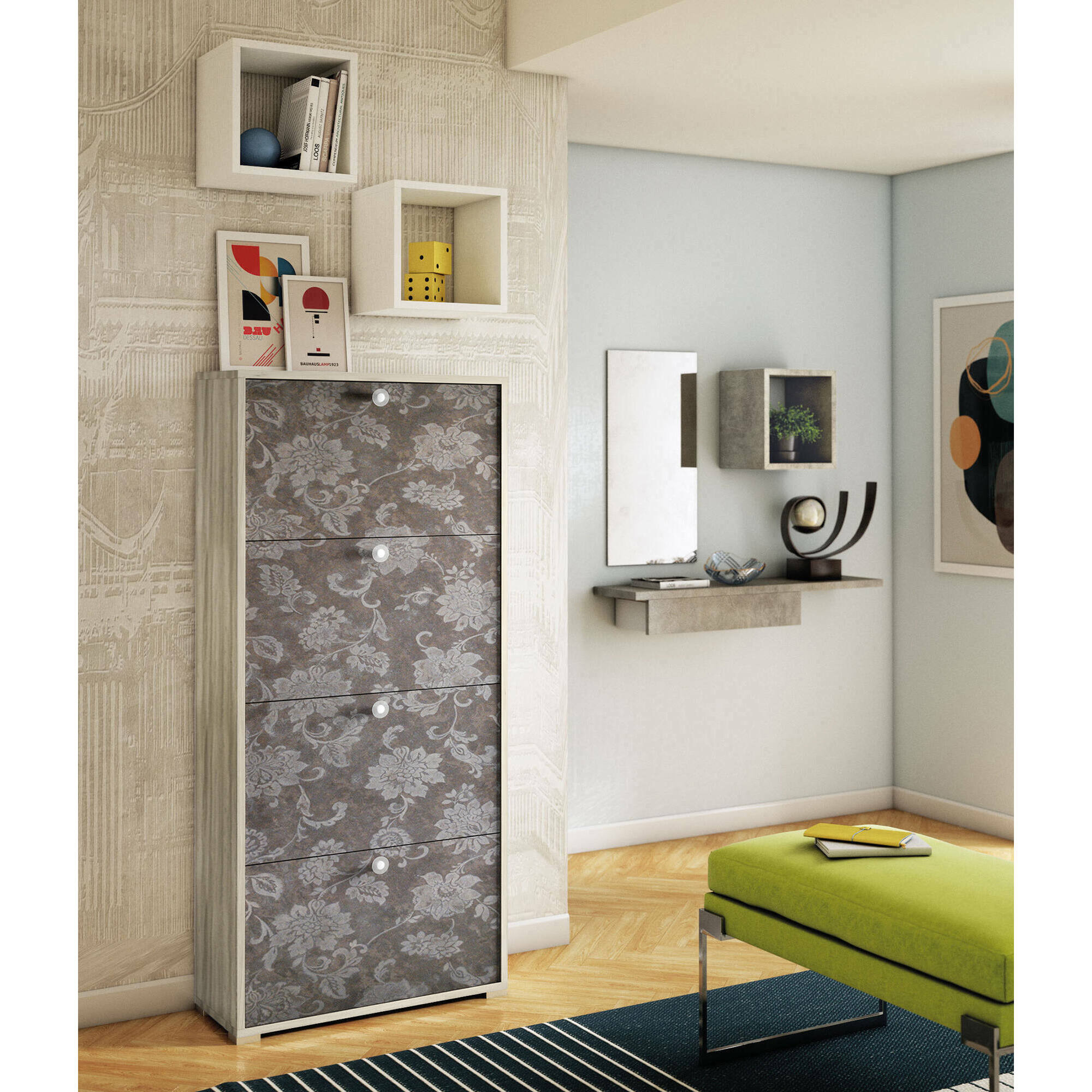 Scarpiera Adeindein, Mobile multiuso da ingresso con 4 ante a ribalta, Armadietto portascarpe a doppia profondità, 100% Made in Italy, 67x28h147 cm, Olmo e fantasia
