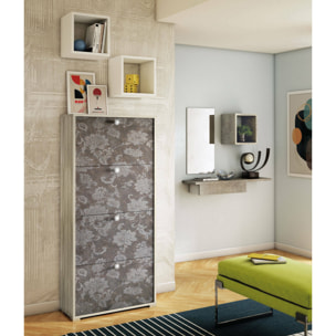 Scarpiera Adeindein, Mobile multiuso da ingresso con 4 ante a ribalta, Armadietto portascarpe a doppia profondità, 100% Made in Italy, 67x28h147 cm, Olmo e fantasia
