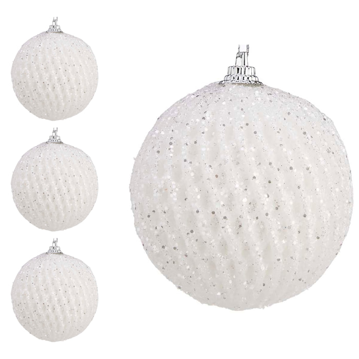 Set de 4 bolas navideñas blancas con relieve. Diámetro 7cm.
