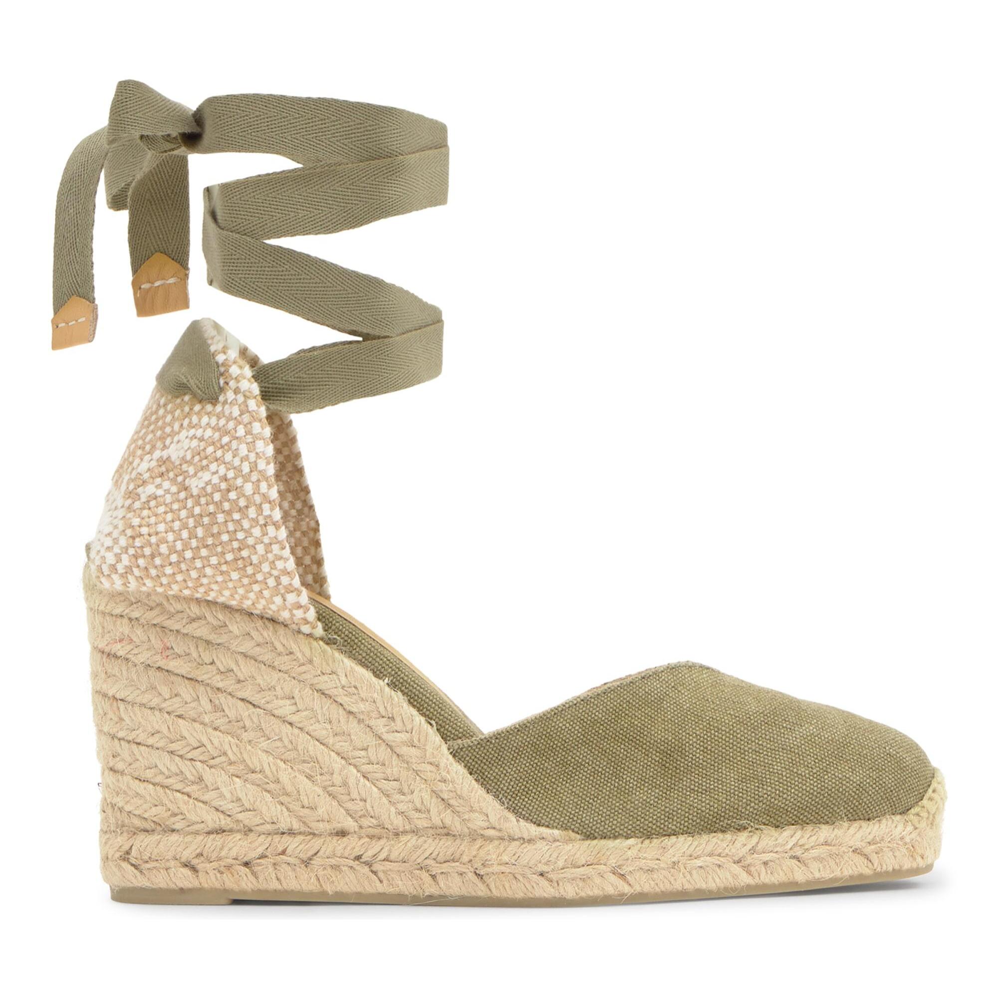 Alpargata con cuña 8 cm en lona de algodón con pala en v y cintas al tobillo