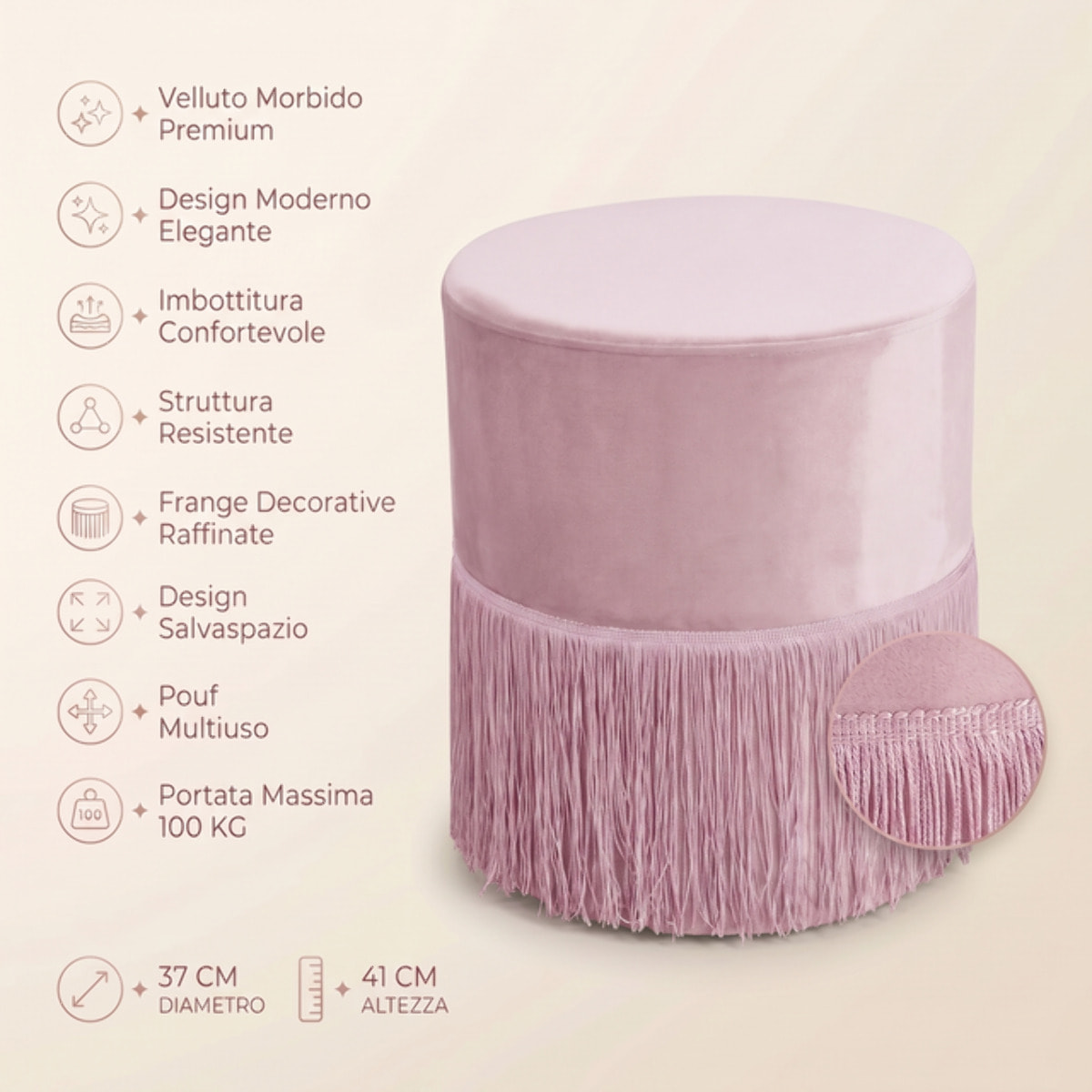 Pouf rotondo in velluto con frange decorative Ø34x40 cm, sgabello imbottito design glamour elegante, seduta decorativa per salotto camera da letto ingresso e cabina armadio, struttura resistente fino a 100 kg