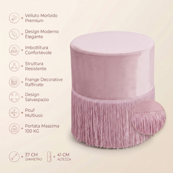 Pouf rotondo in velluto con frange decorative Ø34x40 cm, sgabello imbottito design glamour elegante, seduta decorativa per salotto camera da letto ingresso e cabina armadio, struttura resistente fino a 100 kg