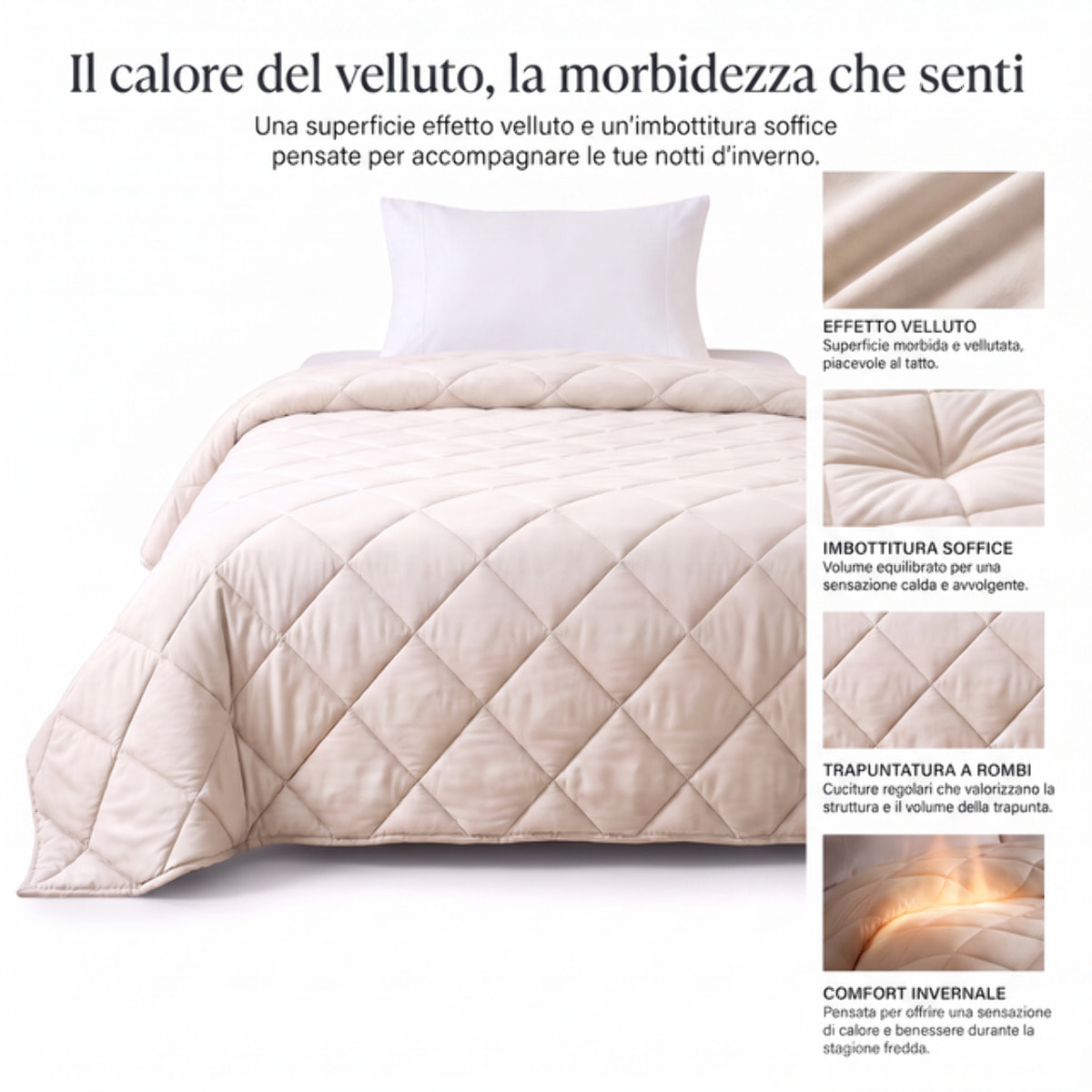 Trapunta invernale Irina in velluto mano pesca - Crema