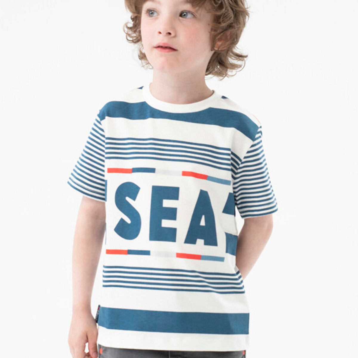 Camiseta niÃ±o, mangas cortas estampada, rayas, blanco
