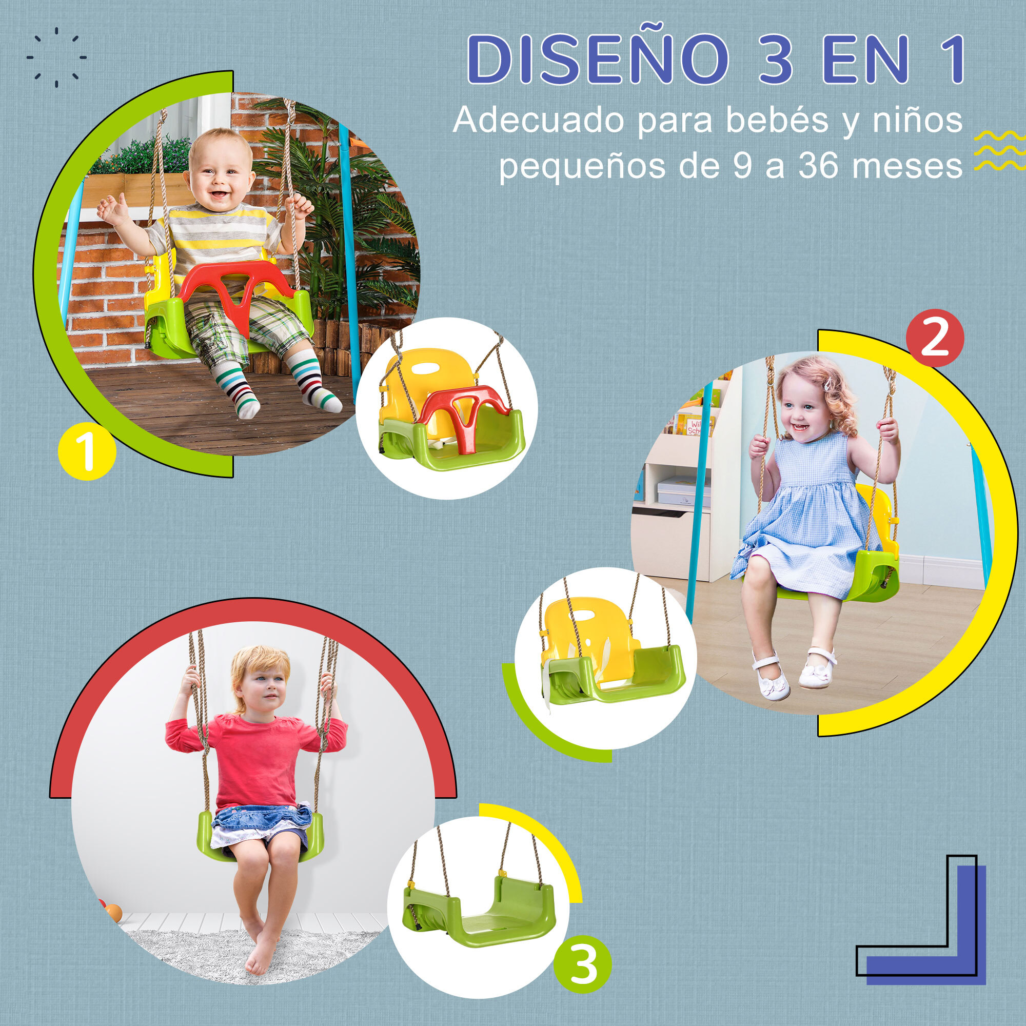 Columpio para Bebés 3 en 1 con Respaldo Desmontable Cuerdas Ajustables y Barra en T Columpio Infantil para Niños de 9-36 Meses para Uso en Interiores y Exteriores 42x33x120-180 cm Verde