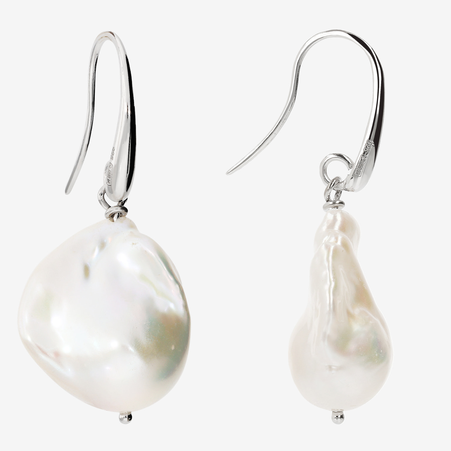 PERLAVIVA - Orecchini Pendenti in Argento 925 placcato Oro Bianco 18Kt con Perle Scaramazze d'Acqua Dolce Bianche Ø 17/18 mm