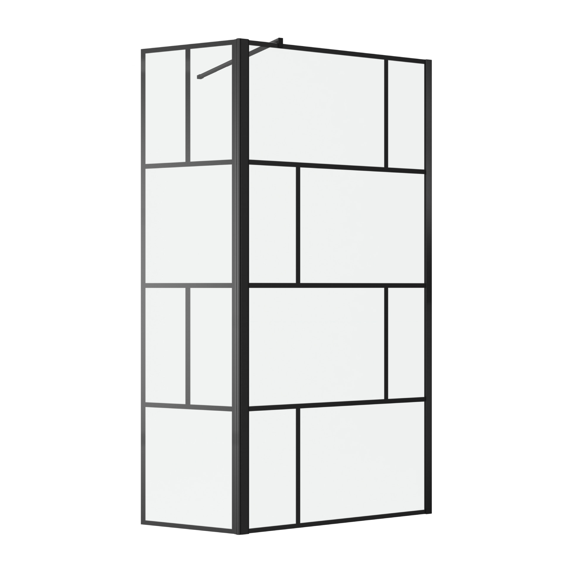 Paroi de douche avec pivot 90+40x195cm - Sérigraphie type Briques et Profilés Noir - Verre 5 mm