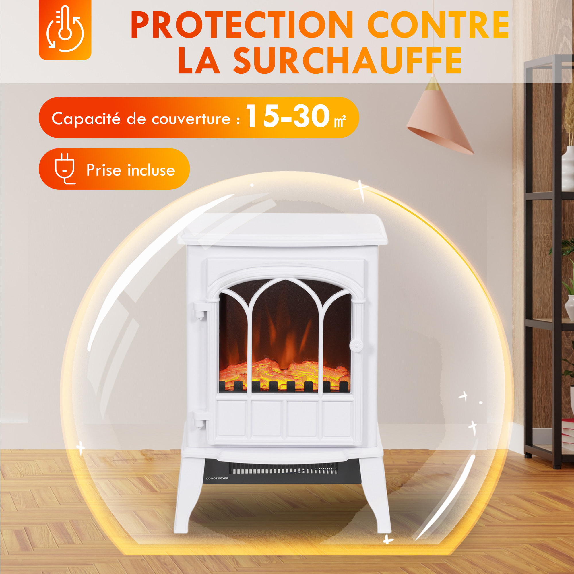 Cheminée électrique poêle style rétro 1000-2000 W simulation flammes LED porte blanc