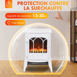 Cheminée électrique poêle style rétro 1000-2000 W simulation flammes LED porte blanc