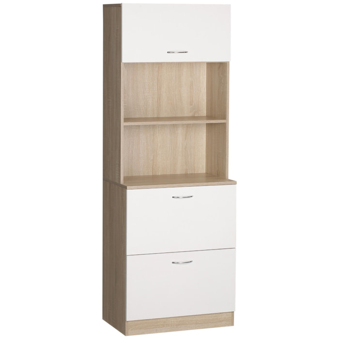 Buffet haut - armoire de cuisine - 2 tiroirs coulissants, placard haut porte relevable, niche, plateau - aspect bois clair blanc