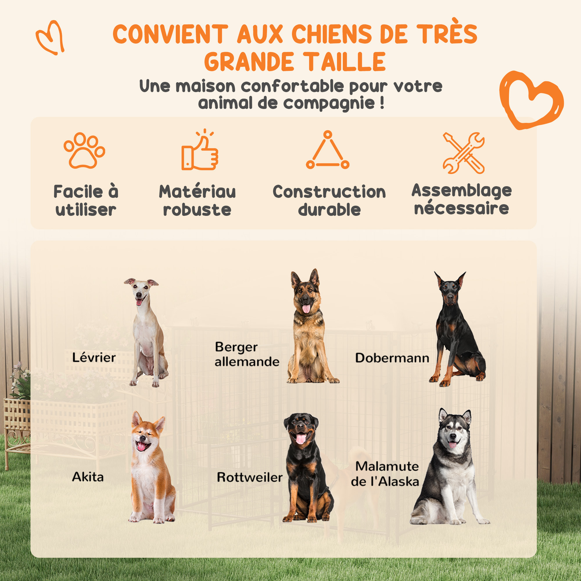 Chenil extérieur chien - cage chien - enclos chien - toile toit imperméable anti-UV, 2 portes verrouillables - acier noir PE gris