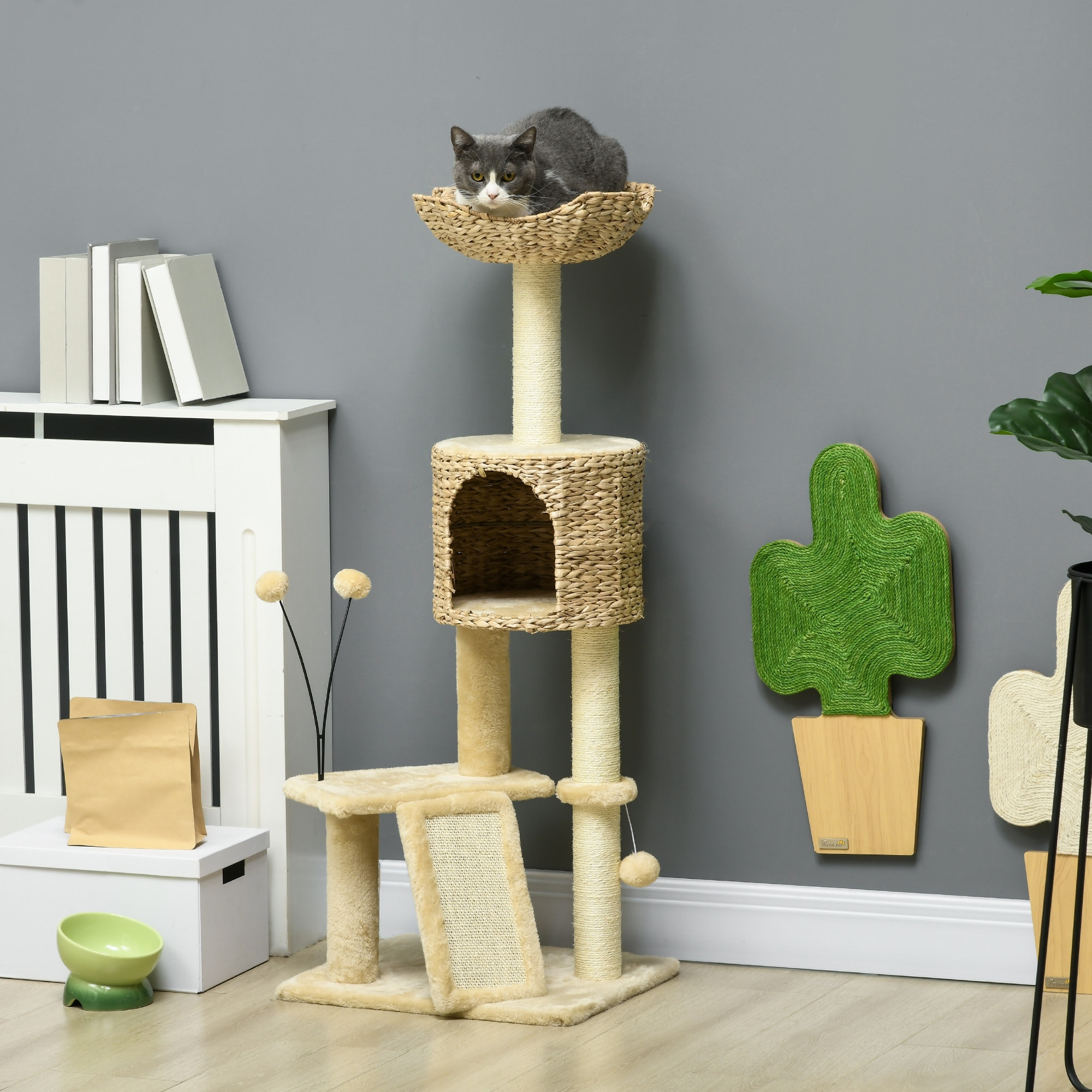 Árbol Rascador para Gatos de 116 cm Torre para Gatos Interior con Postes para Rascar Cama Cueva de Espadañas Rampa y Bolas 45x40x116 cm Beige