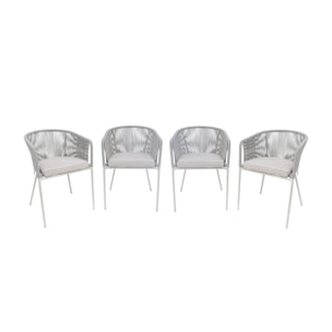 Lot de 4 fauteuils de jardin en corde beige et acier galvanisé. coussins beige
