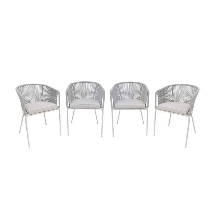Lot de 4 fauteuils de jardin en corde beige et acier galvanisé. coussins beige