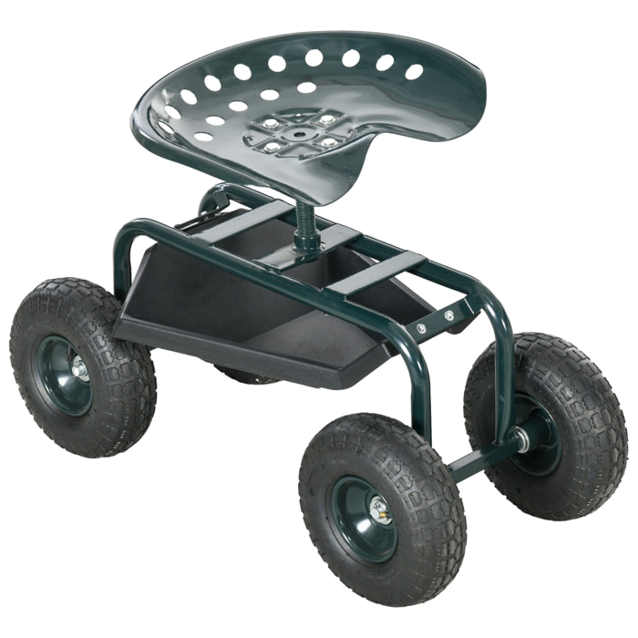 2 en 1 tabouret pivotant réglable chariot mobile de jardin charge max. 150 Kg rangement acier vert