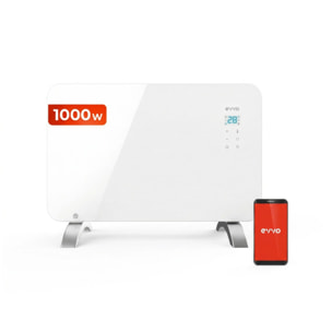 EVVO Radiador C1000 Cristal, WiFi, 1.000 W, táctil, mando, temporizador, soporte pie, seguro, silencioso, antisalpicaduras