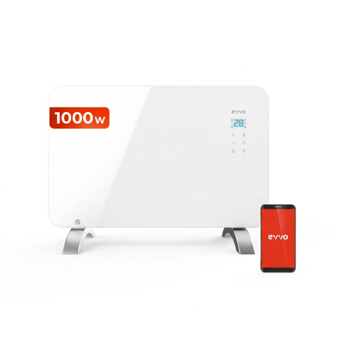 EVVO Radiador C1000 Cristal, WiFi, 1.000 W, táctil, mando, temporizador, soporte pie, seguro, silencioso, antisalpicaduras