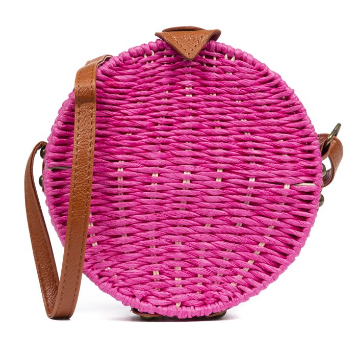 IRIA QUINTANA Borsa a tracolla da donna Cuneo. Tessuto Paglia Pelle Sintetica PU 18x4x18 Cm. Colore fucsia