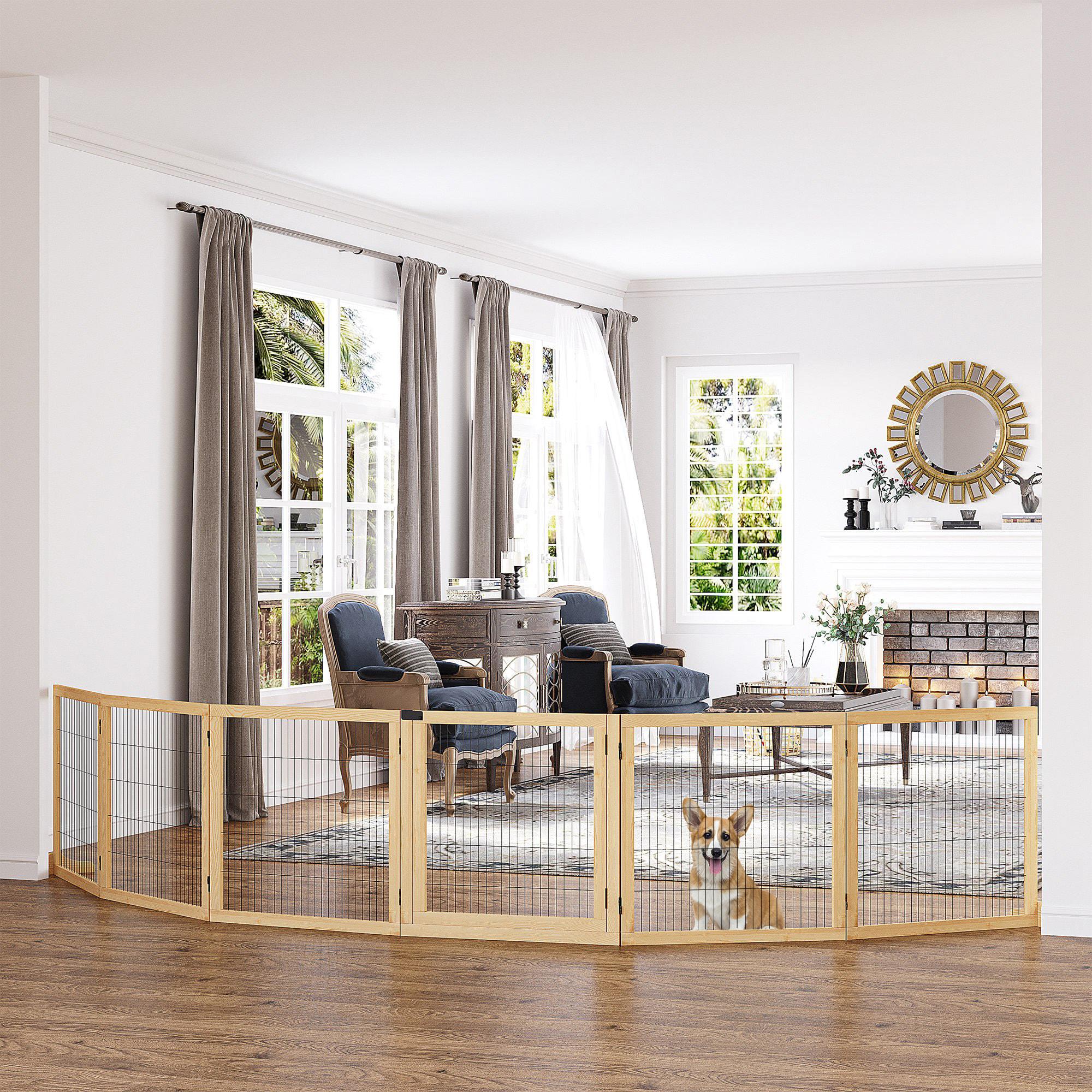 Barrera de Seguridad para Perros de Madera Plegable, para Escaleras y Puertas, Valla para Perros Pequeños y Medianos de 6 Paneles, con Soporte de Pie, para Interiores, 432x36x70 cm, Natural