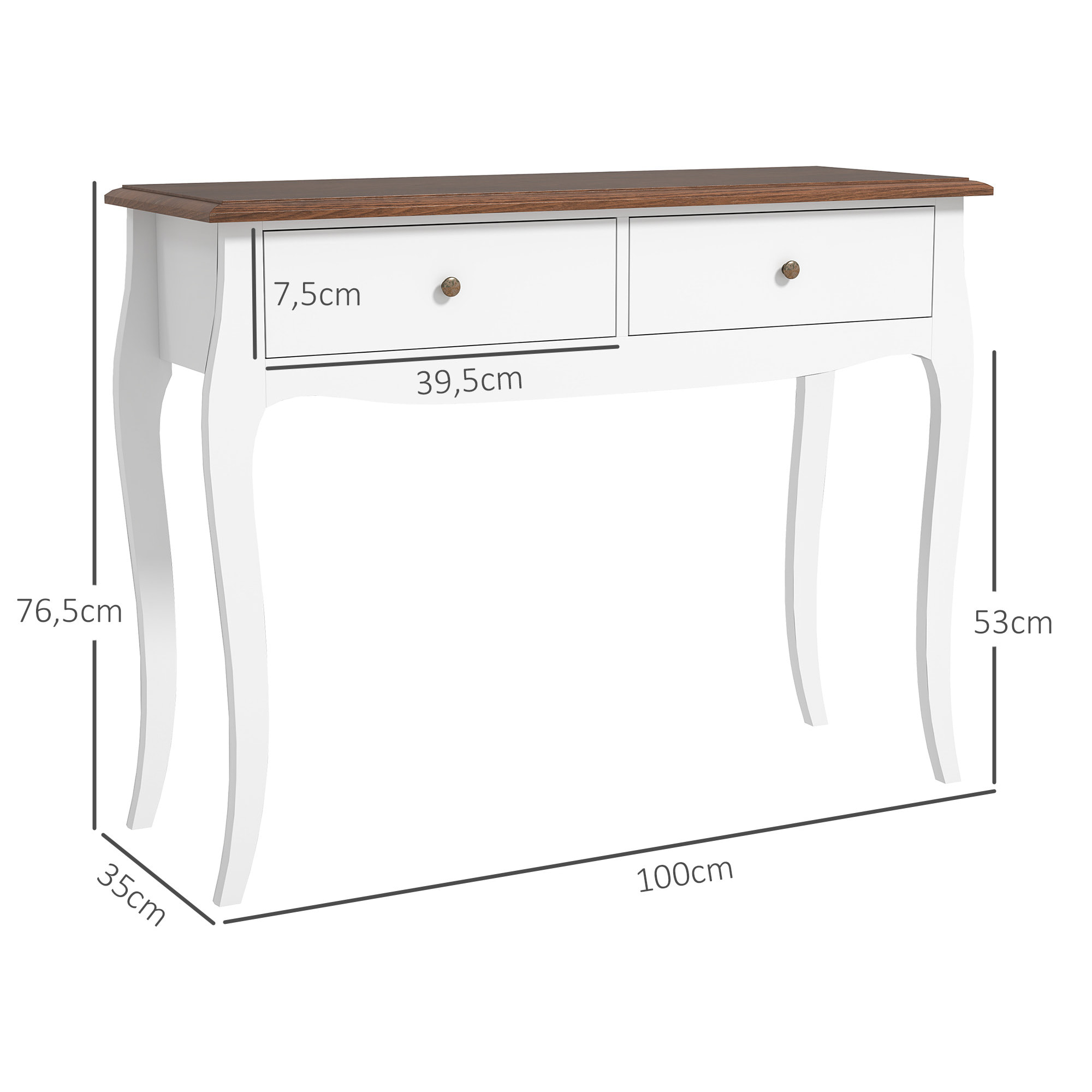 Mesa de Consola Mesa de Entrada con 2 Cajones Consola para Recibidor Estilo Francés para Pasillo Dormitorio Salón 100x35x76,5 cm Blanco y Marrón Oscuro