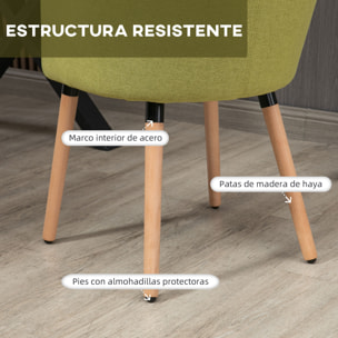 Silla de Comedor Butaca de Salón Tapizada en Lino Sintético con Reposabrazos y Patas de Madera para Oficina Dormitorio Carga 120 kg 57x56x72 cm Verde