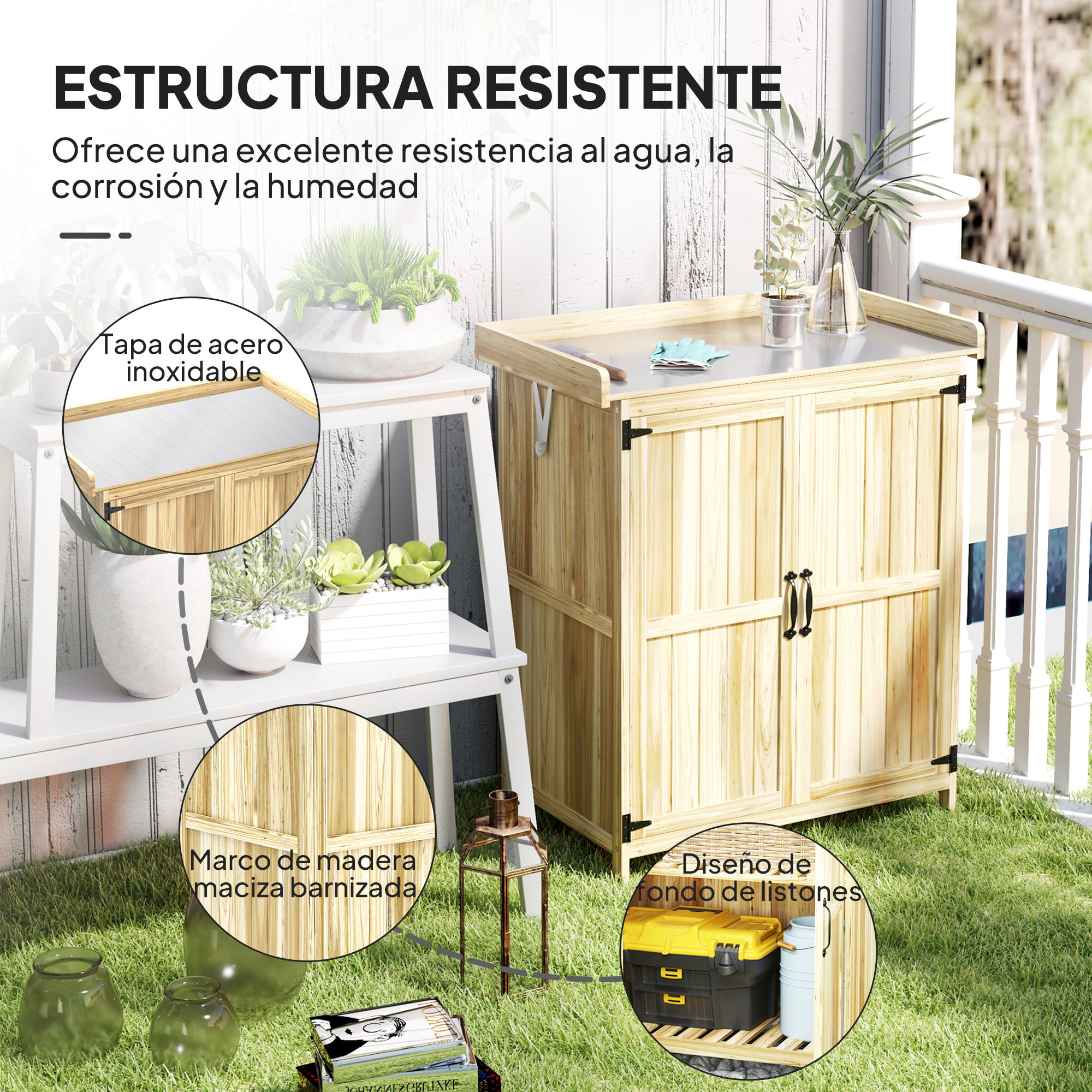 Outsunny Armario de Exterior de Madera, Caseta de Jardín Exterior con Techo Abatible de Acero Inoxidable, Estante, 2 Puertas, Cobertizo de Jardín para Almacenamiento Herramientas, 74x43x88 cm, Natural