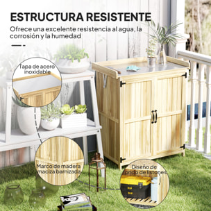 Outsunny Armario de Exterior de Madera, Caseta de Jardín Exterior con Techo Abatible de Acero Inoxidable, Estante, 2 Puertas, Cobertizo de Jardín para Almacenamiento Herramientas, 74x43x88 cm, Natural