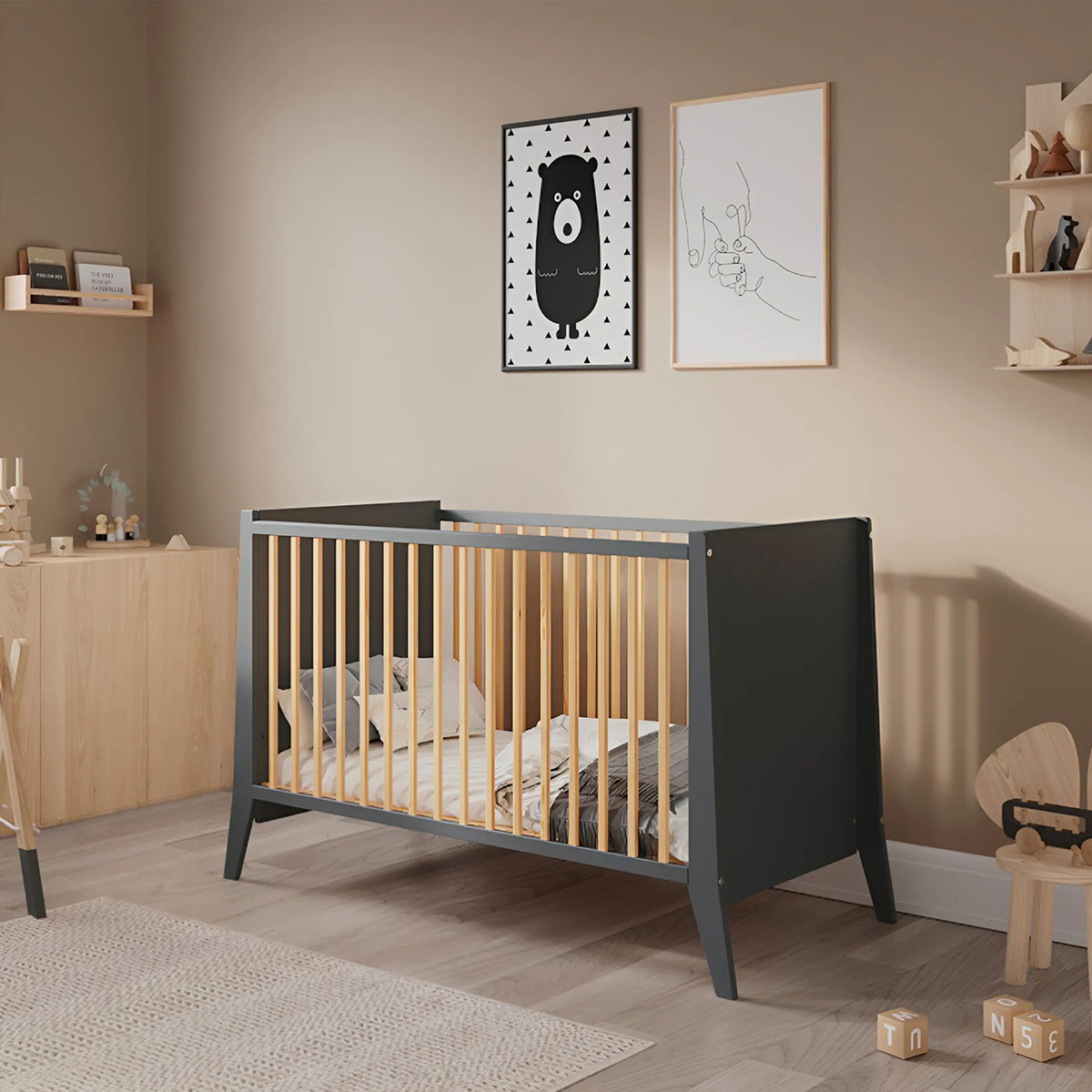 Lit Evolutif Timéo à barreaux 60 x 120 cm, Gris & Bois, En Bois, 3 Hauteurs, Barreaux amovibles