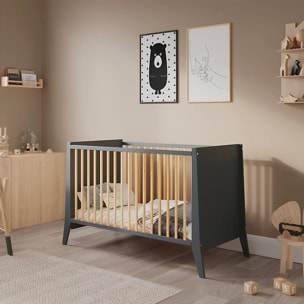 Lit Evolutif Timéo à barreaux 60 x 120 cm, Gris & Bois, En Bois, 3 Hauteurs, Barreaux amovibles