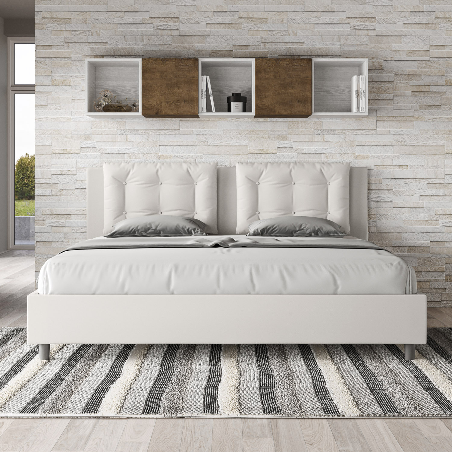 Letto matrimoniale king size contenitore imbottito 200x200 similpelle bianco Annalisa