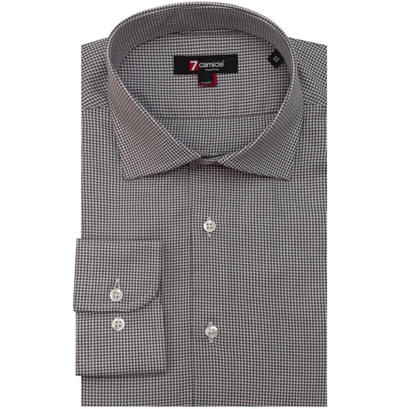 Camicia Uomo 1 Bottone Francese Slim Jacquard Fantasia Pie de Poule Bianco e Grigio Medio