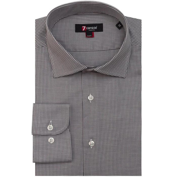 Camicia Uomo 1 Bottone Francese Slim Jacquard Fantasia Pie de Poule Bianco e Grigio Medio