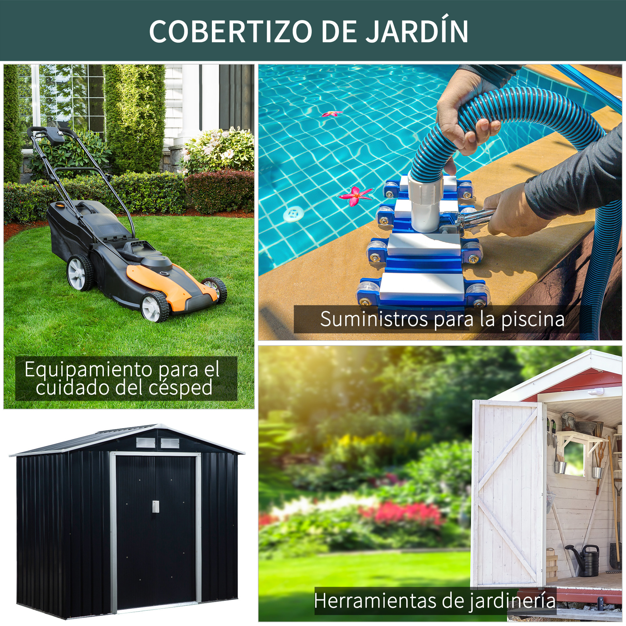 Caseta de Jardín 213x130x185 cm con 2 Puertas Correderas 4 Ventanas para Terraza