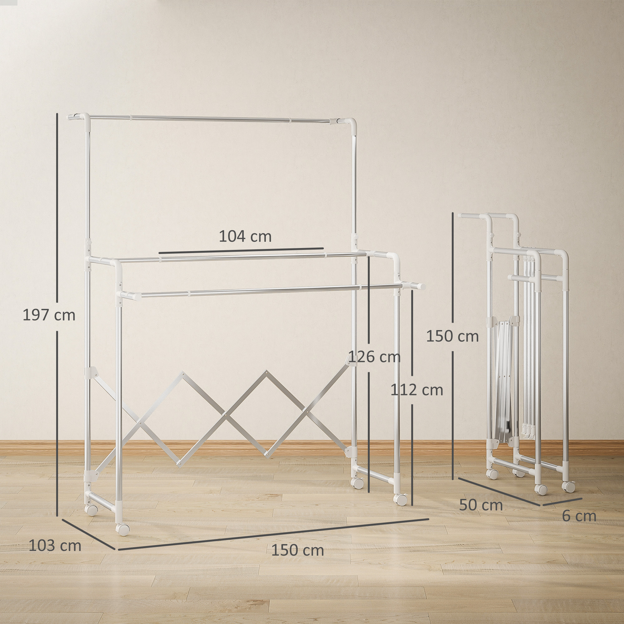 Séchoir à linge pliable réglable étendoir 3 barres 4 roulettes dim. L.104-150 x P.103 x H.145-197 cm acier inox